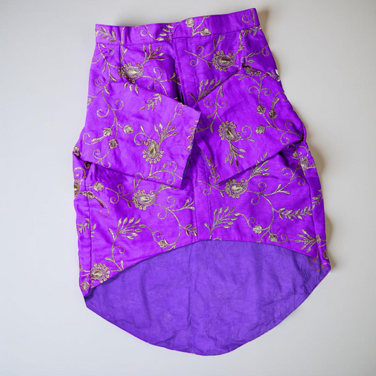 Electric Purple Raw Silk Fabric with Gold Zari work Dog Kurta