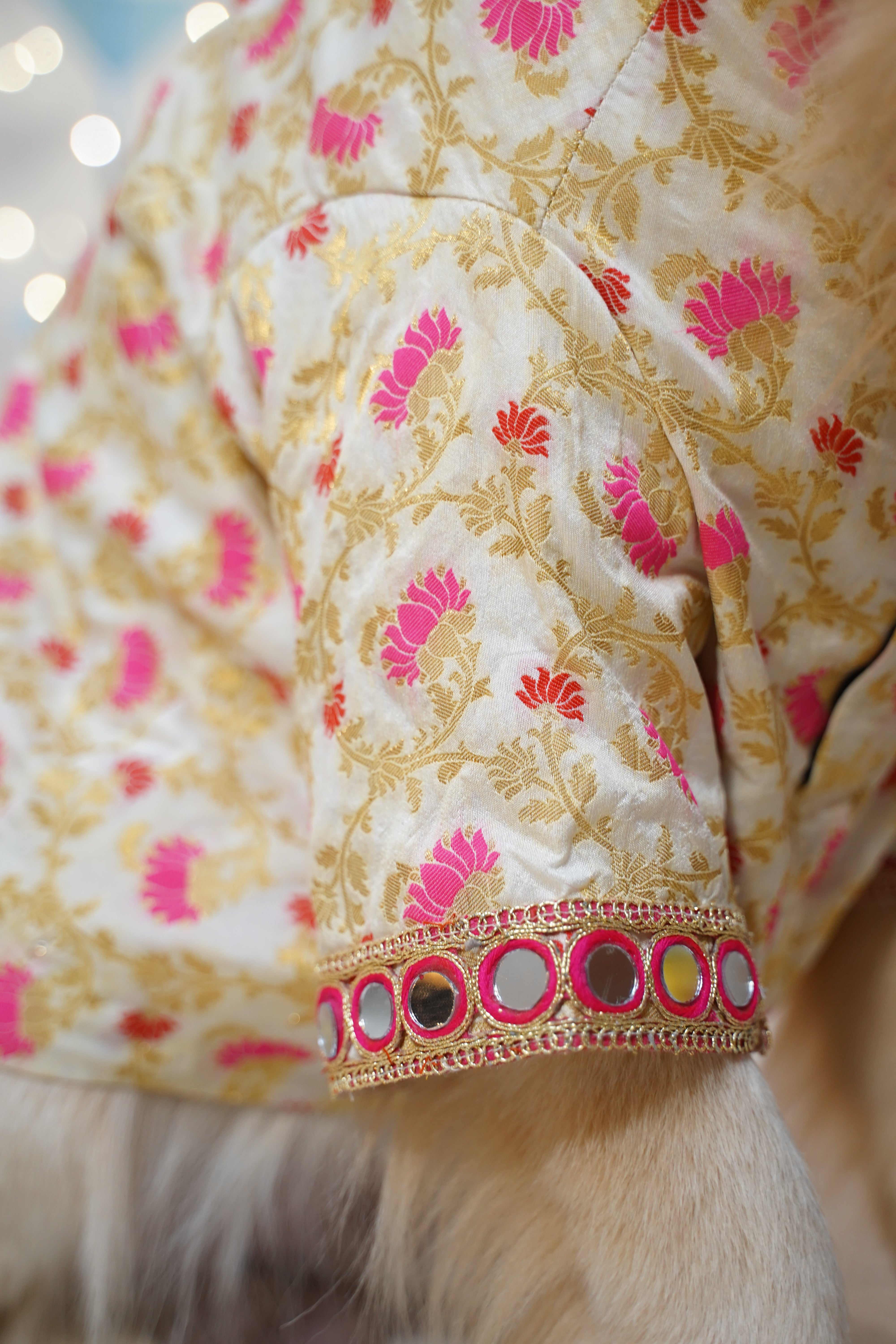 Off-White Silk Fabric with Lotus Print Dog Kurta with Mirror Work