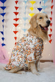 Dog wearing a patterned outfit lying on a colorful geometric blanket