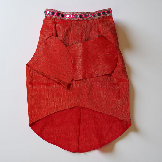 Red & Gold Weave Work Silk Mirror Work Dog kurta